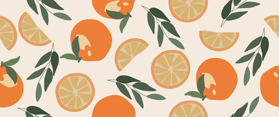 Vector flat illustration. An orange and its halves with leaves on a light background. Seamless background for your design. Ideal for advertising, packaging, textiles or posters.