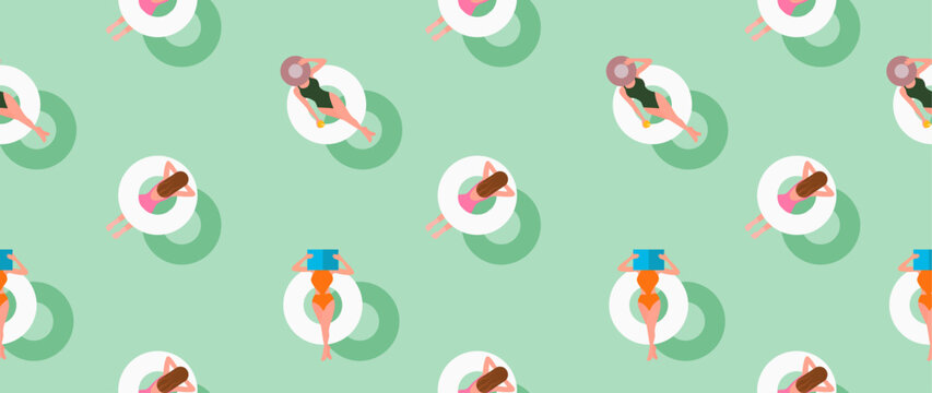 Vector flat illustration. The concept of summer vacation. Turquoise pool with girls sunbathing. Perfect as a background layout banner design. Horizontal seamless poster, flyer, screensaver, wallpaper.