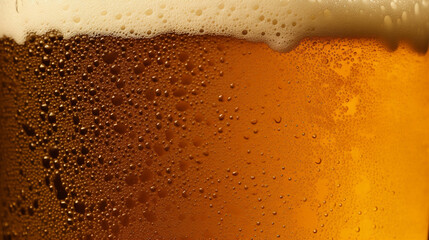 Close-up of a glass of beer with foam and bubbles. AI Generative