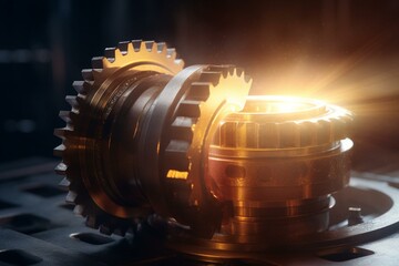 Plakat Process Safety - Illustration with Lens Flare. Process Safety on the Golden Gears. Process Safety on Mechanism of Golden Metallic Cog Gears with Lens Flare. 3D. Generative AI