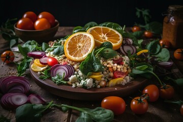 Fototapeta na wymiar Vegetable Millet salad with red onion, cherry tomatoes, spinach, tangerine and clementine dressing. healthy food. Generative AI