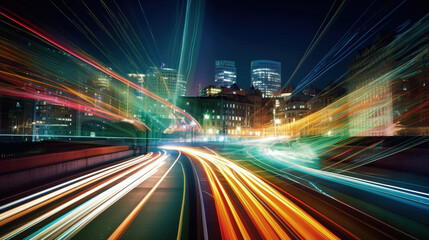 Plakat Long exposure of a road with light trails of passing vehicles. AI Generative