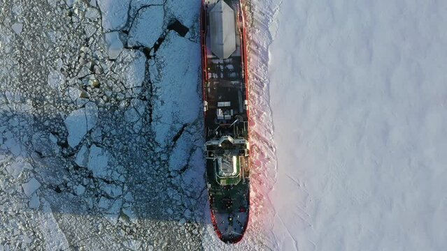 Aerial view over the icebreaker of the cruise ship. In Lapland 