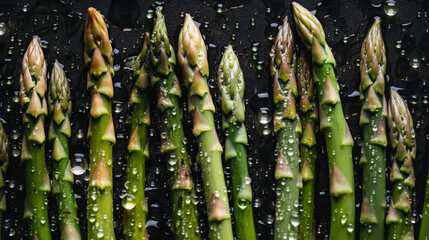 Image from above of fresh green asparagus with water drops . AI Generative