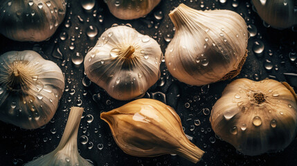 Fresh garlic with water drops on dark background, top view. AI Generative