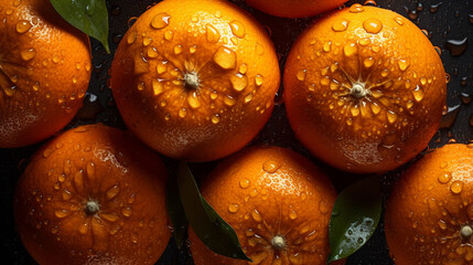 Fresh tangerines with water drops on dark background, top view. AI Generative