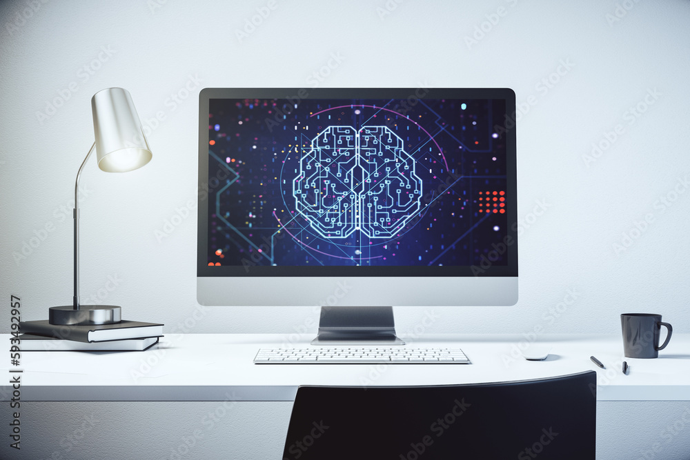 Aufkleber creative artificial intelligence concept with human brain hologram on modern laptop screen. 3d rende