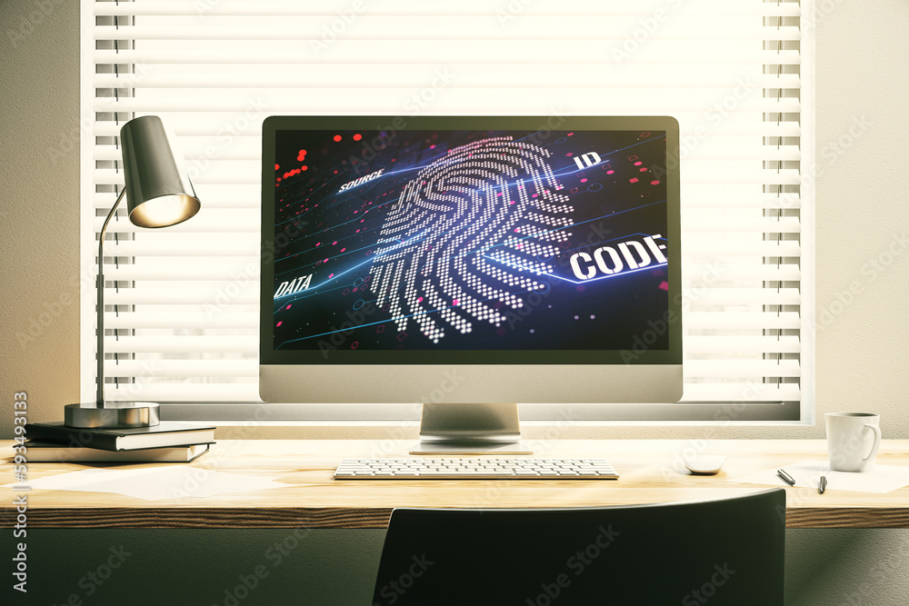 Poster abstract creative fingerprint illustration on modern laptop monitor, digital access concept. 3d rend