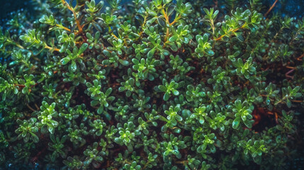 Fresh thyme with water drops on dark background, top view. AI Generative