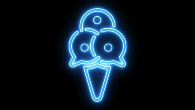 Glowing neon line Ice cream social chat in cone icon on black background. Sweet symbol