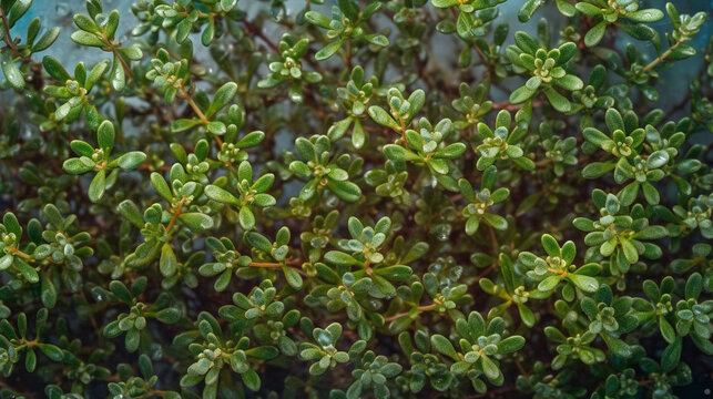 Fresh thyme with water drops on dark background, top view. AI Generative