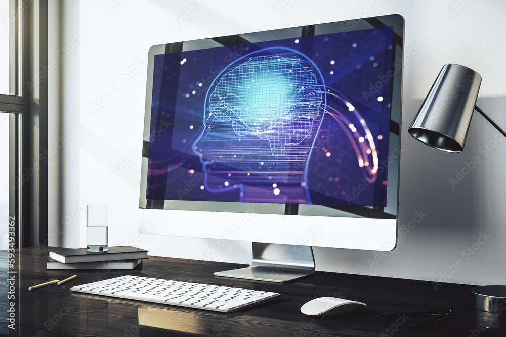 Fototapete modern computer monitor with creative artificial intelligence symbol. neural networks and machine le