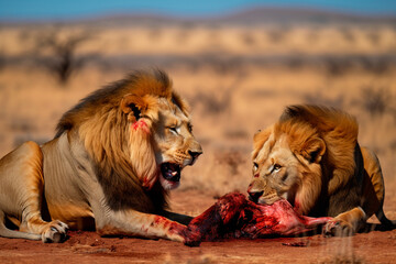 Two lions eating an antelope in the African savannah