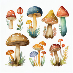 mushroom set, watercolor style Generative AI