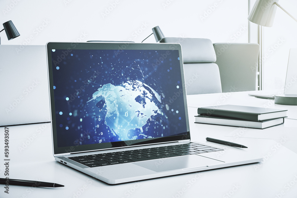 Leinwandbilder modern computer monitor with abstract programming language with world map, research and development 