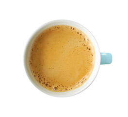 Cup of frothy coffee espresso top view isolated on white background