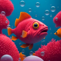 A Fish with a Pink Nose and a Red Tail Surrounded by Bubbles