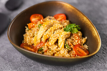 Udon stir-fry noodles with meat and vegetables. Asian cuisine