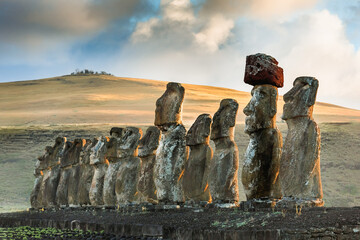 Moais statues on Ahu Tongariki - the largest ahu on Easter Island. Chile