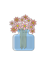 Pink daisies in glass vase. Abstract geometric hand drawn vector illustration. Spring flower isolated on white.