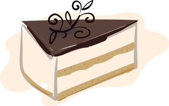 Delicious beautiful glossy cake with chocolate and soufflé with a sprig of decor. Vector image.