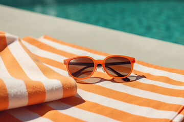 Orange Striped Beach Towel and Sunglasses by the Pool on a Sunny Day, Generative AI