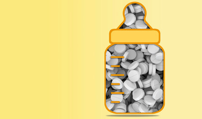 drugs, vitamins, tablets, pills in feeding bottle for newborns, concept pharmacology for children,...