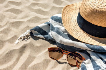Straw Hat, Beach Towel and Sunglasses on a Sand Beach, Generative AI