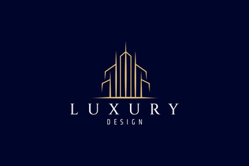 City building or skyscraper logo in the form of abstract design with luxury gold color in dark background