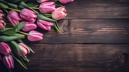 Tulip border with copy space. Beautiful frame composition of spring flowers. Bouquet of pink tulips flowers on vintage wooden background