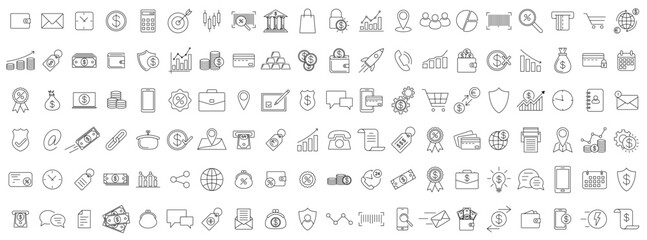 Fototapeta na wymiar Business icons. Set of black linear business icons on white background. Economy symbols. Vector illustration