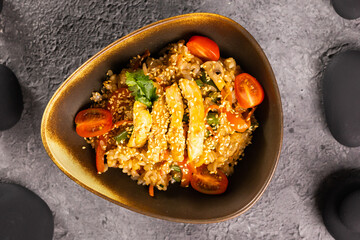 Udon stir-fry noodles with meat and vegetables. Asian cuisine