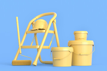 Set of folding ladder, bucket, helmet with paint rollers and brushes