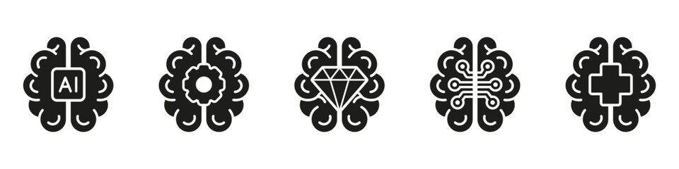 Human Brain and Machine Learning Silhouette Symbol Collection on White Background. Artificial Intelligence Black Glyph Icon Set. Digital and Tech Science Solid Pictogram. Isolated Vector Illustration