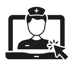 Physician Online Consultation in Laptop Silhouette Icon. Telemedicine Healthcare Glyph Symbol. Virtual Medical Service. Remote Doctor Help Pictogram. Isolated Vector Illustration