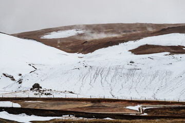 Myvatn Geothermal area with volcanoes in the back.