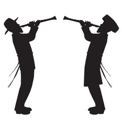 Chassidim play the clarinet.
Two black silhouettes on a white background. vectors. of isolated Jewish figures playing the flute.
With the joy of Beit Hashoeva in Miron. Part of klezmer.