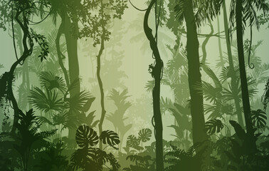 Seamless horizontal background, vector. Jungle, tropical forest with a variety of plants, trees and vines. Green tones - 593496974