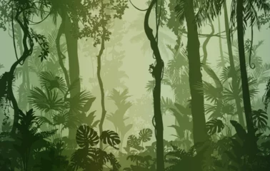 Seamless horizontal background, vector. Jungle, tropical forest with a variety of plants, trees and vines. Green tones © kozerog2015