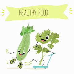 Illustration with funny characters celery with green leaves, stalks, parsley, garnish greenery,spice,   Funny and healthy food. Vitamins, salad, cute face food, ingredients, vegetarian, vector cartoon