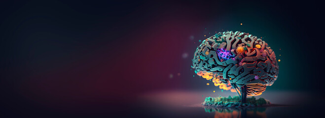 Creative AI brain. Artificial intelligence development concept. Banner image. AI generated - 593497567