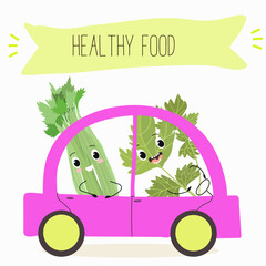 Illustration with funny characters celery with green leaves, stalks, parsley, garnish greenery,spice,   Funny and healthy food. Vitamins, salad, cute face food, ingredients, vegetarian, vector cartoon