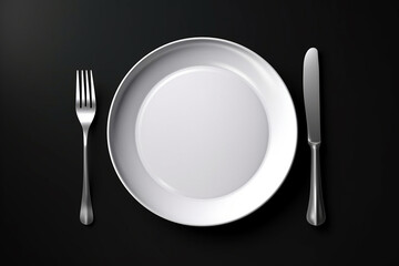 Empty plate with fork and knife on black. Served cutlery, minimal dark table setting. Menu mockup, space for text, diet concept. AI generated