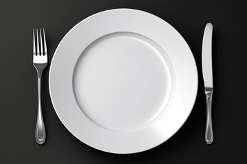Empty plate with fork and knife on black. Served cutlery, minimal dark table setting. Menu mockup, space for text, diet concept. AI generated