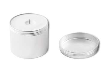Black and white Travel Tin Candle Jar Mock up template isolated on white background.  open and closed tin candles. 3d rendering.