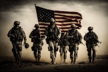 USA army holding their flag, American soldiers, and an American flag. Generative AI.