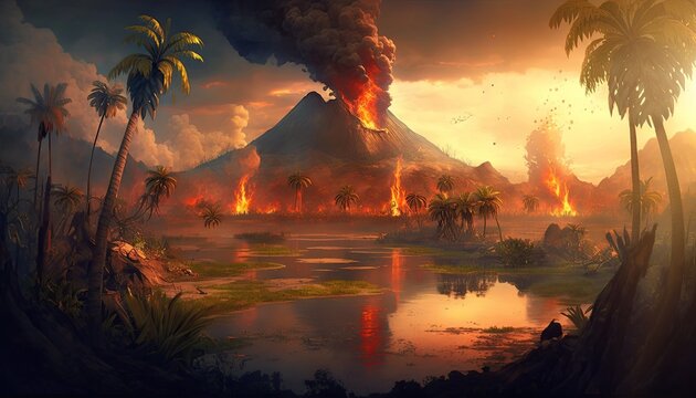 A game setting of landscape from 10,000 BC with volcanoes and lava. Risky dramatic land due to active or inactive volcanoes and lava flows. Features lavic stones spewing out of molten lava and ash.