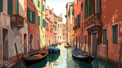 illustration inspired by postcards and posters from the 70s, Venice, a typical street with the mythical canals. Italy. europe, background. created with artificial intelligence
