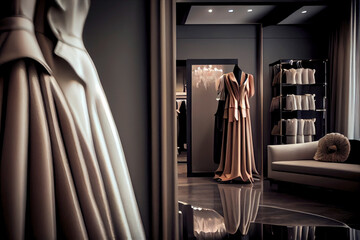 Obraz na płótnie Canvas interior of a haute couture evening dress shop. High fashion concept, haute couture, designer. Illustration. Generative AI