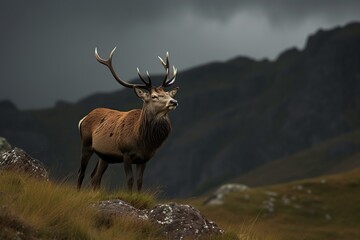 A magnificent Red Deer stands atop a mountain peak, surveying its domain with regal grace